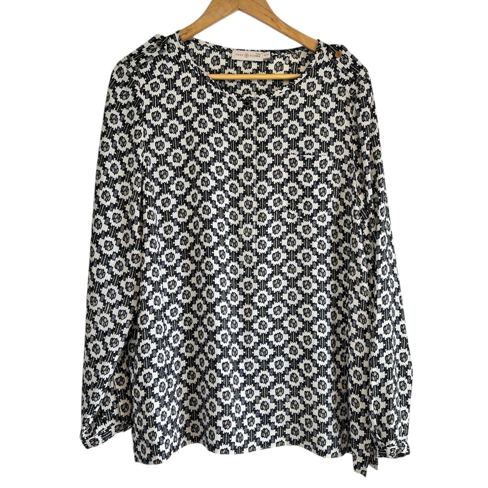 Tory Burch blue, green and White geometric print Long-Sleeve Blouse or tunic